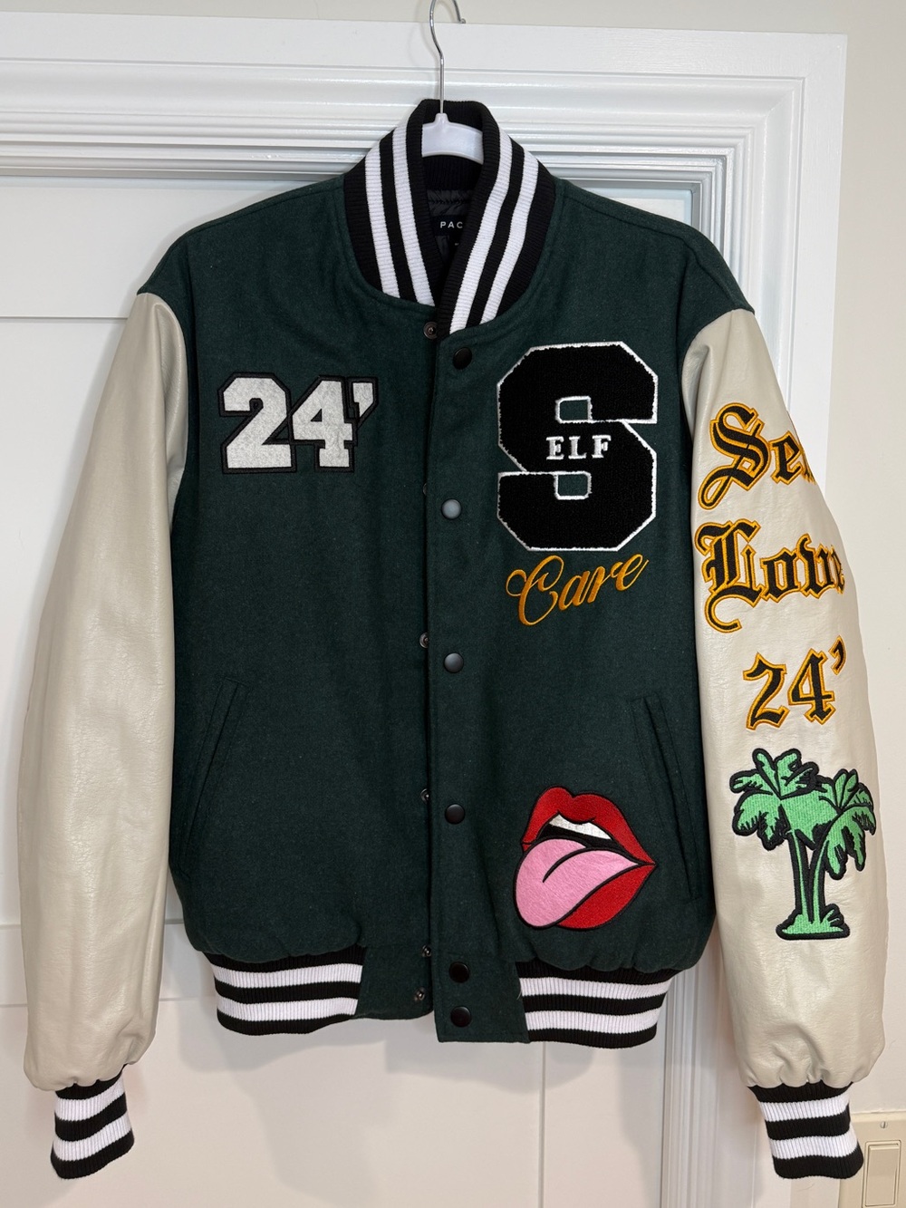 PacSun Self Love & Care 24 Varsity Jacket Green Cream NWOT